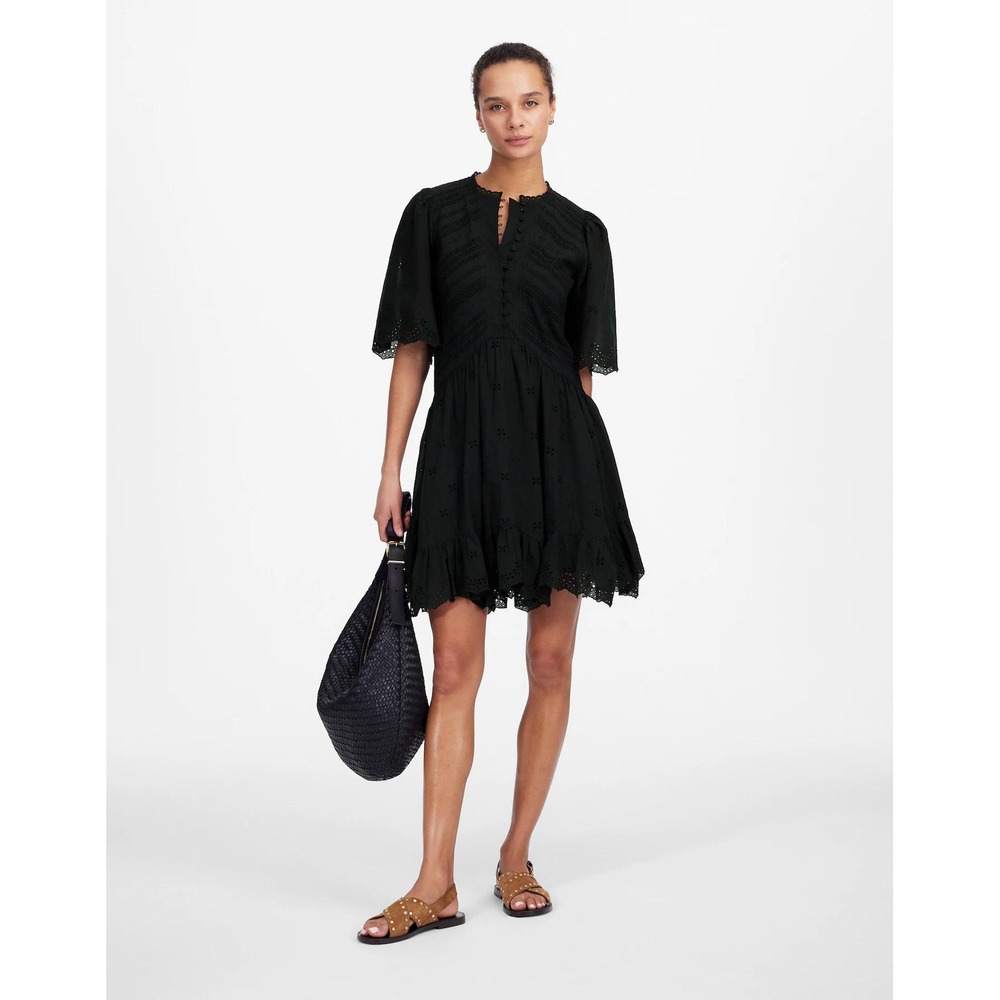 Madewell Eyelet Flutter Sleeve Mini Dress Womens 12 Black Embroidered LBD Boho